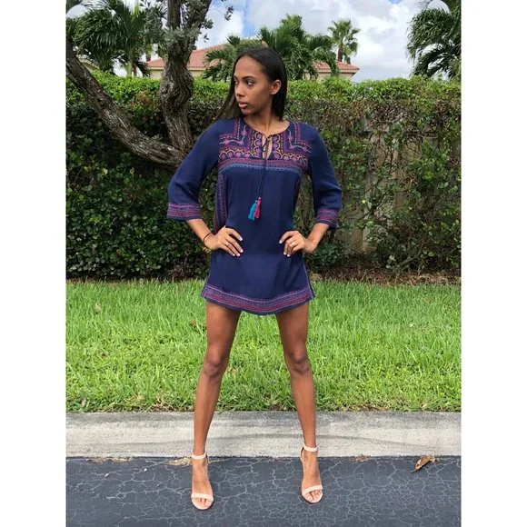 THML Embroidered Shift Dress, Navy - Picture 7 of 7